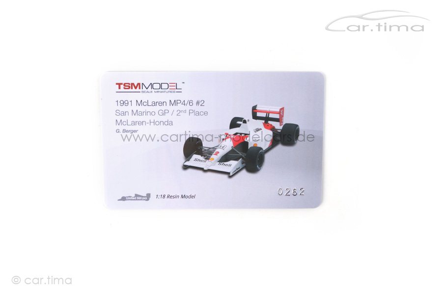 McLaren-Honda MP4/6 San Marino GP 1991 Gerhard Berger TSM 1:18 TSM151822R McLaren-Honda MP4/6 San Marino GP 1991 Gerhard Berger TSM 1:18 TSM151822R