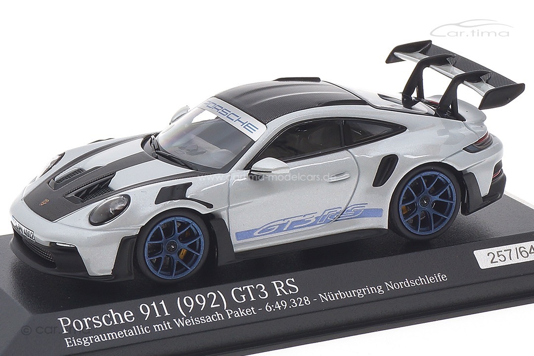 Porsche 911 (992) GT3 RS Weissach Paket Eisgraumet./Rad Indigoblau Minichamps 1:43 410062108