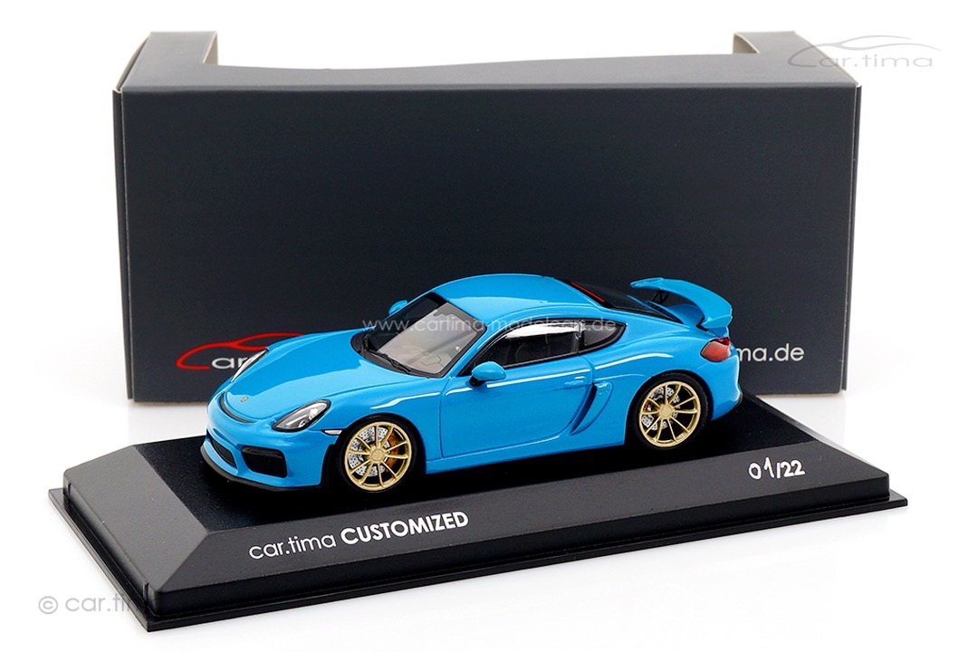 Porsche Cayman GT4 Miami blau/Rad lime gold Minichamps car.tima CUSTOMIZED 1:43