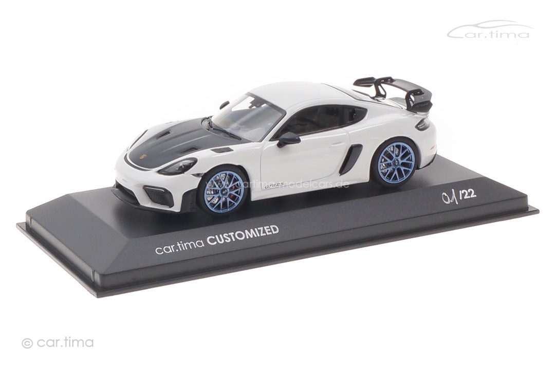 Porsche 718 Cayman GT4 RS Weiß/Rad Indigoblau Minichamps car.tima CUSTOMIZED 1:43