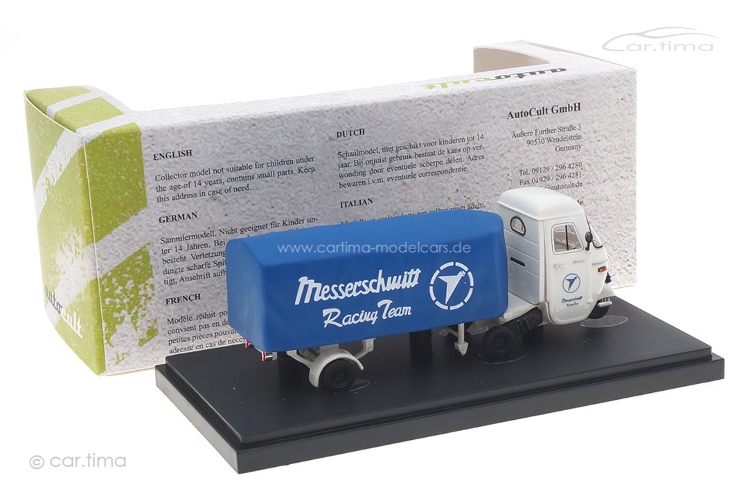 Piaggio Ape Pentaro Renntransporter "Messerschmitt" weiß/blau autocult 1:43 08016 Piaggio Ape Pentaro Renntransporter "Messerschmitt" weiß/blau autocult 1:43 08016
