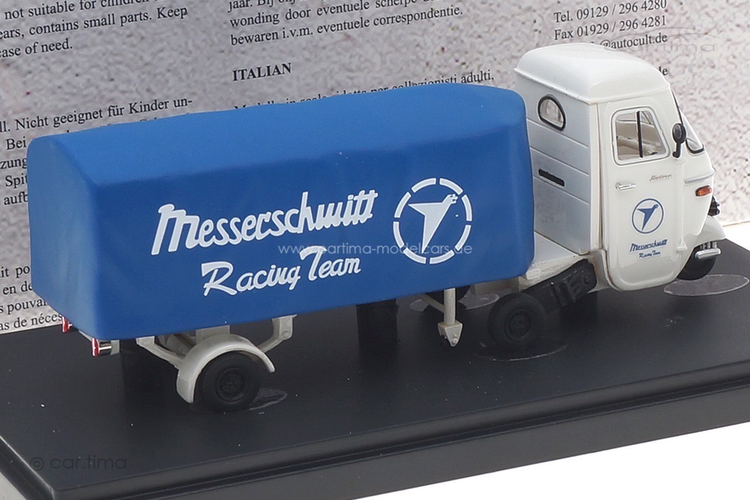 Piaggio Ape Pentaro Renntransporter "Messerschmitt" weiß/blau autocult 1:43 08016