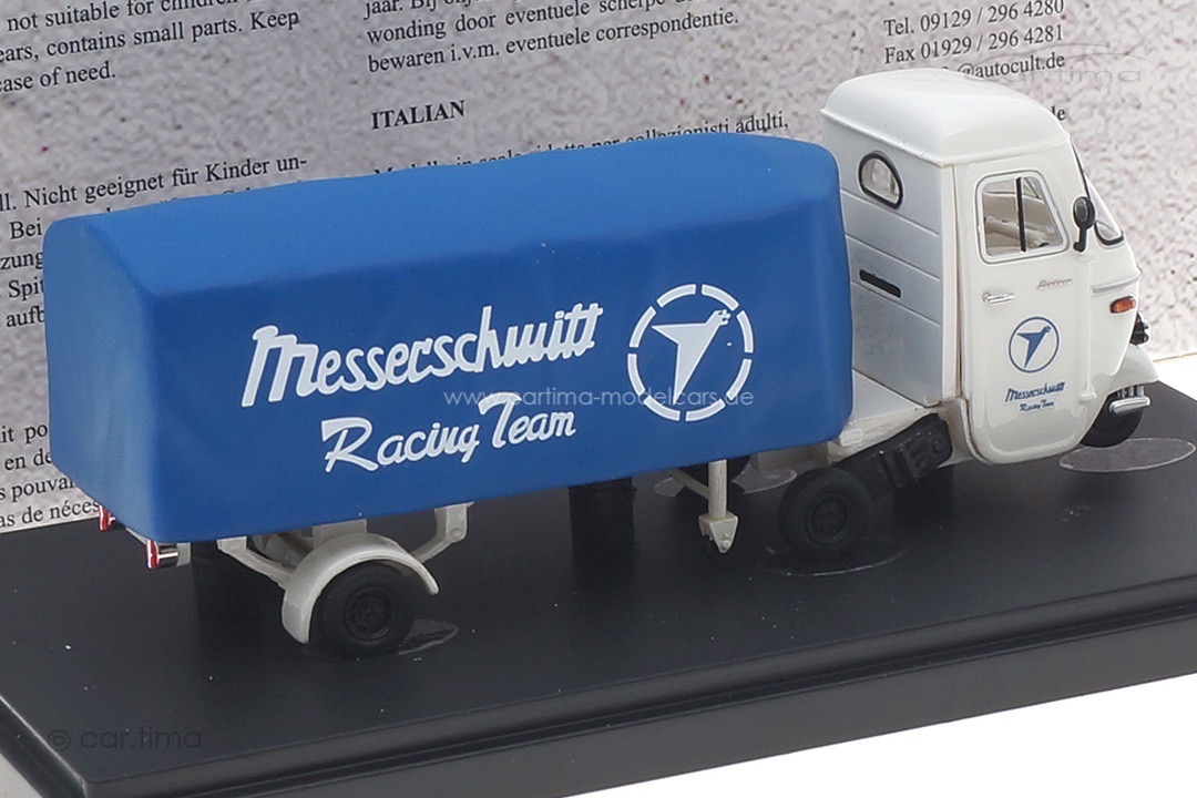 Piaggio Ape Pentaro Renntransporter "Messerschmitt" weiß/blau autocult 1:43 08016 Piaggio Ape Pentaro Renntransporter "Messerschmitt" weiß/blau autocult 1:43 08016
