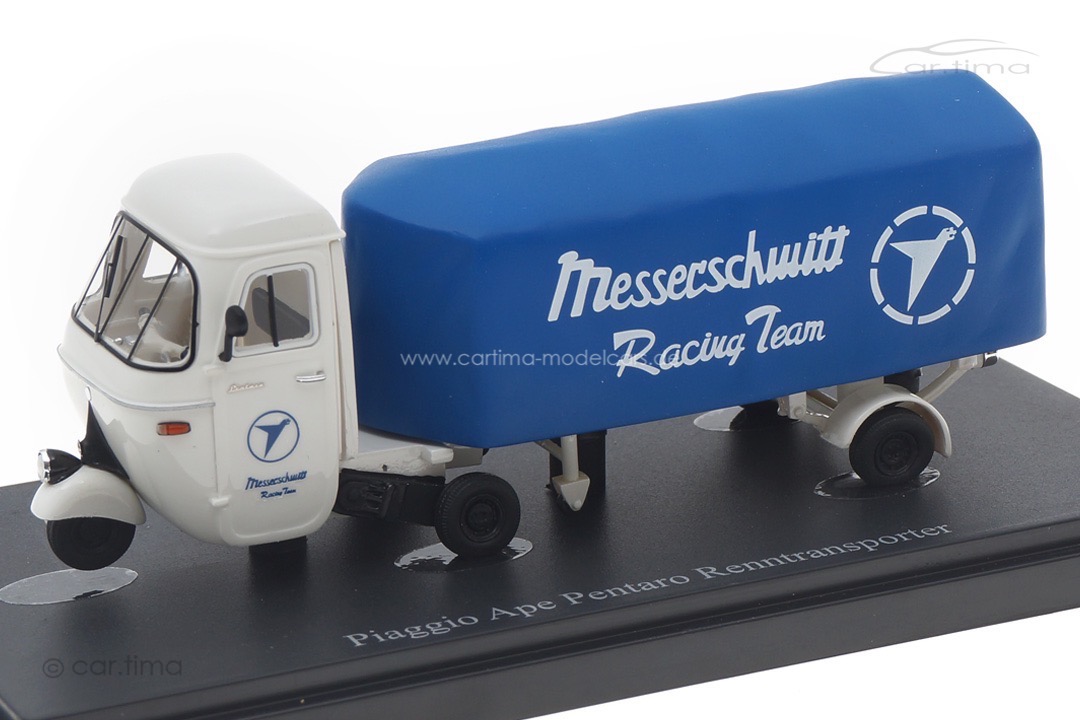 Piaggio Ape Pentaro Renntransporter "Messerschmitt" weiß/blau autocult 1:43 08016 Piaggio Ape Pentaro Renntransporter "Messerschmitt" weiß/blau autocult 1:43 08016