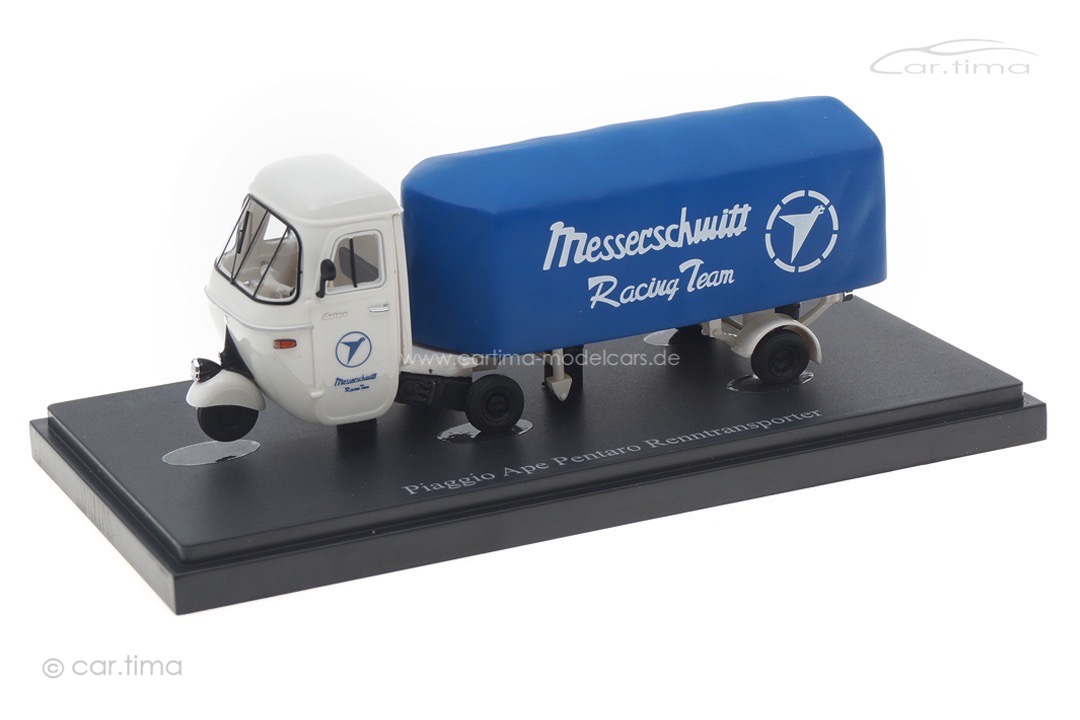 Piaggio Ape Pentaro Renntransporter "Messerschmitt" weiß/blau autocult 1:43 08016 Piaggio Ape Pentaro Renntransporter "Messerschmitt" weiß/blau autocult 1:43 08016